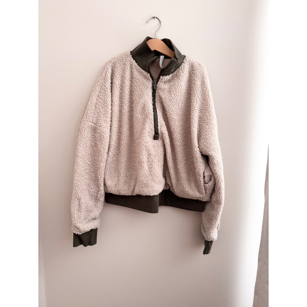 Fabletics Sherpa Cropped Quarter Zip Pullover Fleece Jacket Cream Olive Green XS